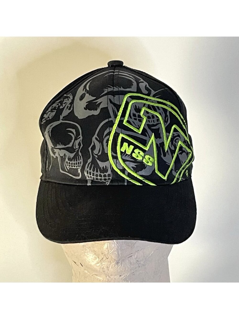 NSS Nice Skate Shoes Skull Snapback Hat Black Neon Green Skate Cap Y2K Style